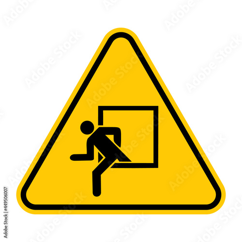 Emergency window warning sign. Vector illustration of yellow triangle sign with man leaving building through window. Rescue window symbol isolated on white background. Safety exit.