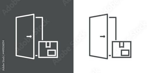 Símbolo entrega a la puerta. Icono plano paquete en puerta abierta con lineas en fondo gris y fondo blanco