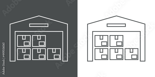 Símbolo almacén. Icono plano edificio de almacenamiento con cajas de cartón con lineas en fondo gris y fondo blanco