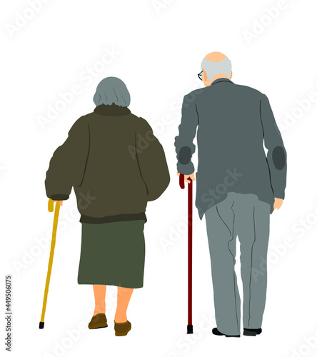Grandmother and grandfather couple walking with stick together vector illustration isolated. Old woman and old man family life. Mature senior people in love. Active healthy grandparents with crutches.