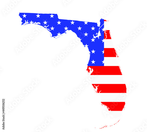 Florida state map vector silhouette illustration. United States of America flag over Florida map. USA, American national symbol of pride and patriotism. Vote election campaign banner.