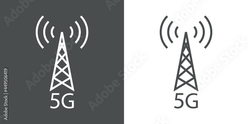 Logotipo de red inalámbrica o wifi de alta velocidad. Logo texto 5G con torre de antena con olas en fondo gris y fondo blanco