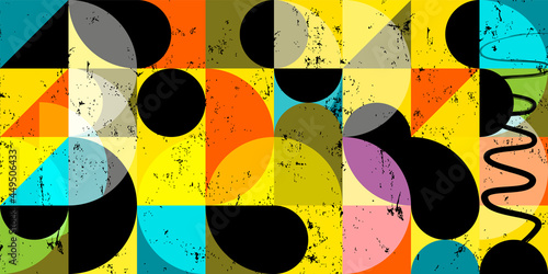 seamless abstract geometric background pattern, retro style, with circles, semicircle, squares, paint strokes and splashes