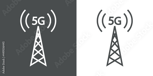 Logotipo de red inalámbrica o wifi de alta velocidad. Logo texto 5G con torre de antena con olas en fondo gris y fondo blanco