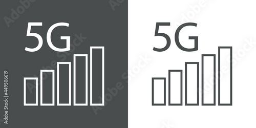 Logotipo de red inalámbrica o wifi de alta velocidad. Logo texto 5G con barras de potencia con lineas en fondo gris y fondo blanco