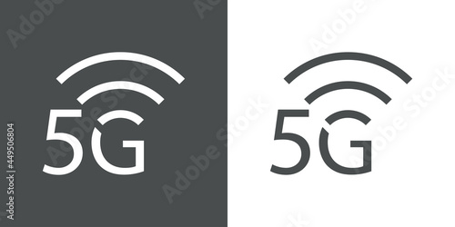 Logotipo de red inalámbrica o wifi de alta velocidad. Logo texto 5G con olas con lineas en fondo gris y fondo blanco