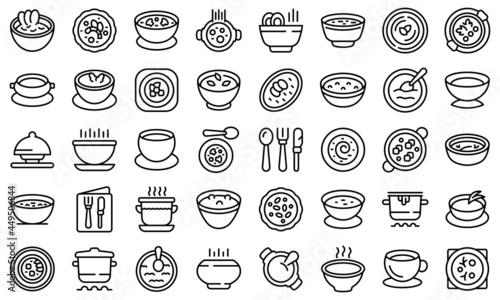 Cream soup icons set outline vector. Meal soup. Cream bowl