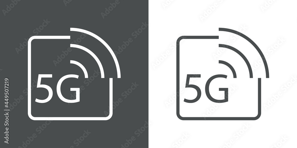 Logotipo de red inalámbrica o wifi de alta velocidad. Logo texto 5G en cuadrado con lineas con olas en fondo gris y fondo blanco Logotipo de red inalámbrica o wifi de alta velocidad. Logo texto 5G en cuadrado con lineas con olas en fondo gris y fondo blanco