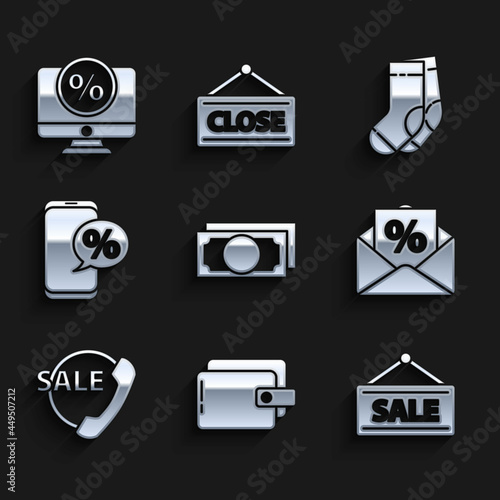 Set Stacks paper money cash, Wallet, Hanging sign with Sale, Envelope interest discount, Telephone 24 hours support, Percent and, Socks and monitor icon. Vector