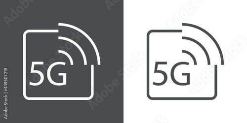 Logotipo de red inalámbrica o wifi de alta velocidad. Logo texto 5G en cuadrado con lineas con olas en fondo gris y fondo blanco