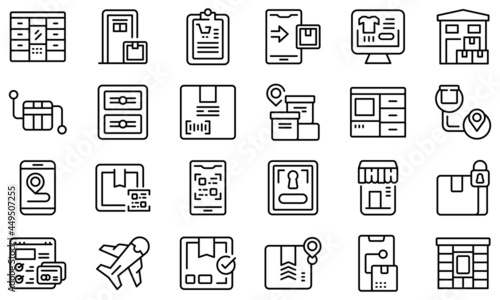 Self-service parcel delivery icons set outline vector. Automat locker. Parcel station