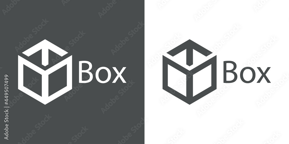 Logotipo con texto Box con contorno de caja de cartón con flecha con lineas en fondo gris y fondo blanco Logotipo con texto Box con contorno de caja de cartón con flecha con lineas en fondo gris y fondo blanco