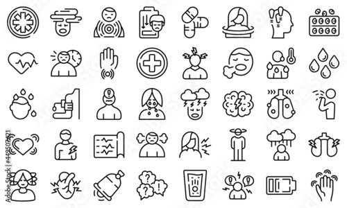 Panic attack icons set outline vector. Panic anxiety. Attack symptoms