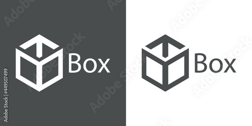 Logotipo con texto Box con contorno de caja de cartón con flecha con lineas en fondo gris y fondo blanco
