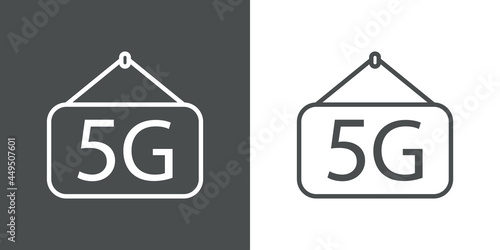 Logotipo de red inalámbrica o wifi de alta velocidad. Logo texto 5G en cartel para colgar en puerta con lineas en fondo gris y fondo blanco