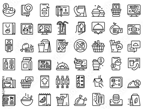 Online food ordering icons set outline vector. Delivery drink. Tasty away food