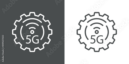 Logotipo de red inalámbrica o wifi de alta velocidad. Logo engranaje con texto 5G con olas con lineas en fondo gris y fondo blanco