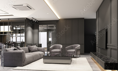 interior design modern classic style of living area with black marble and black steel texture and gray furniture built-in 3d rendering interior