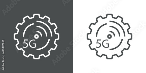Logotipo de red inalámbrica o wifi de alta velocidad. Logo engranaje con texto 5G con olas con lineas en fondo gris y fondo blanco