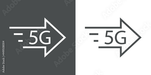Logotipo de red inalámbrica o wifi de alta velocidad. Logo texto 5G con flecha con lineas de velocidad en fondo gris y fondo blanco