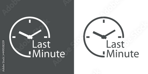 Logotipo con texto Last Minute en esfera de reloj simple con lineas en fondo gris y fondo blanco