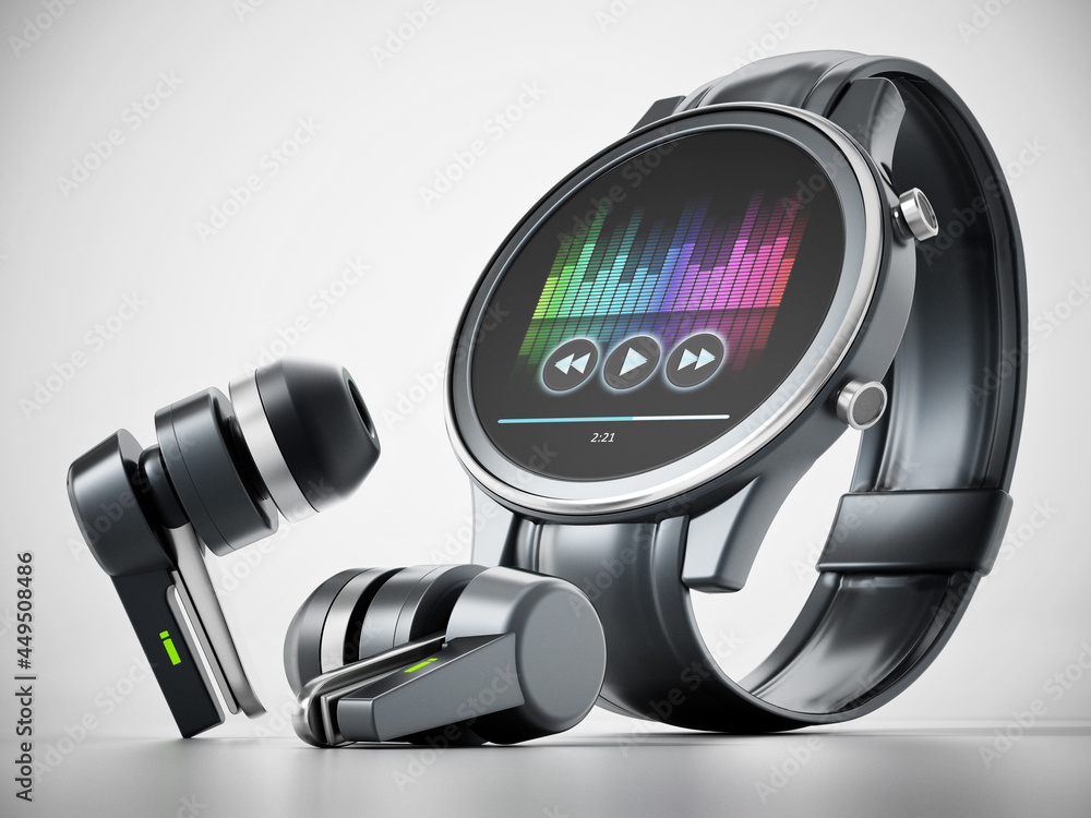Generic smartwatch and wireless bluetooth earphones. 3D illustration Generic smartwatch and wireless bluetooth earphones. 3D illustration