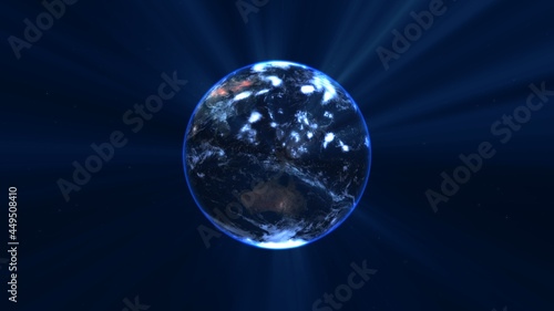earth globe with glowing details and light rays. 3d illustration.