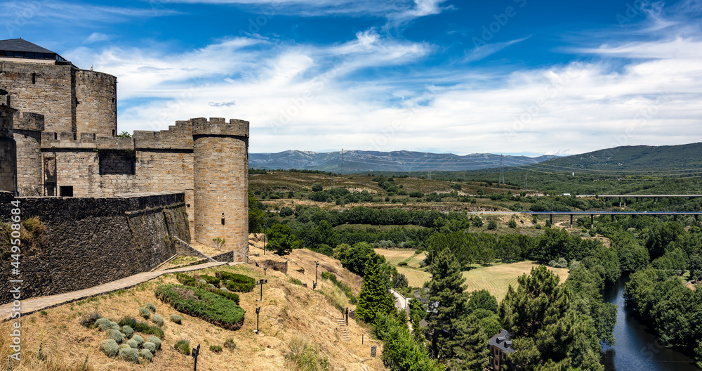 Panoramic landscape in Puebla de Sanabria, Spain, with partial view of landmark castle.