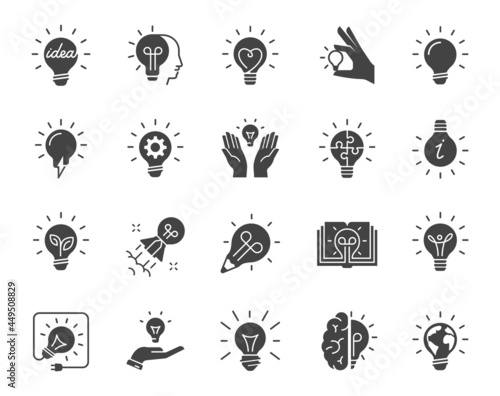 Vector set of icons of light bulbs with various symbols of creative thinking in glyph style.