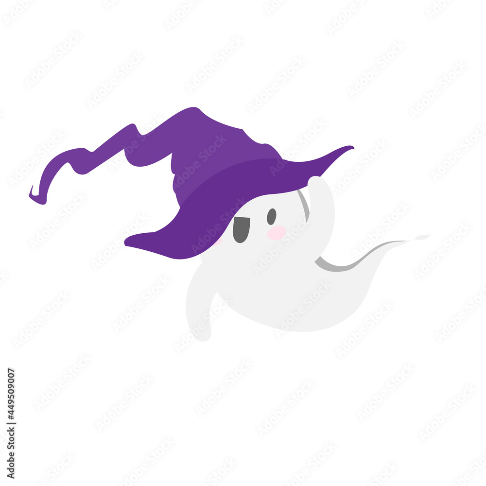 Cute kawaii halloween spirit ghost in a witch's hat. Trick or treat. Samhain, fear and boo. Flat cartoon Happy Halloween smiling spooky character. Vector illustration. Cute kawaii halloween spirit ghost in a witch's hat. Trick or treat. Samhain, fear and boo. Flat cartoon Happy Halloween smiling spooky character. Vector illustration.