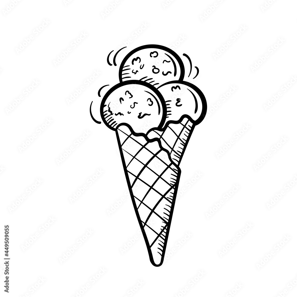 Ice cream balls in a waffle cone. Hand drawn sketch delicious dessert. Vector isolated Doodle illustration on a white background. Ice cream balls in a waffle cone. Hand drawn sketch delicious dessert. Vector isolated Doodle illustration on a white background.