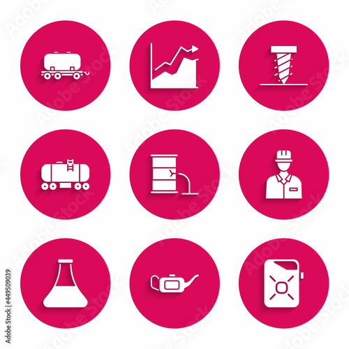 Set Barrel oil leak, Canister for motor, Oilman, petrol test tube, railway cistern, Rotating drill digging hole and icon. Vector