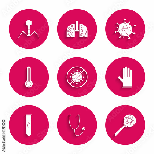 Set Stop virus, Stethoscope, Virus under magnifying glass, Medical rubber gloves, Blood test and, thermometer, and Bacteria bacteriophage icon. Vector