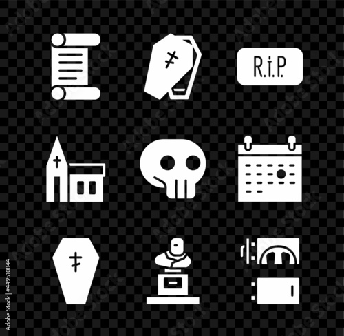 Set Decree, parchment, scroll, Coffin with cross, Speech bubble rip death, Grave tombstone, Crematorium, Church building and Skull icon. Vector