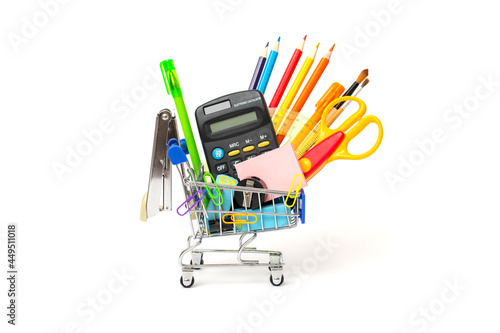 school supplies isolated on white, back to school, shopping before school year, trolley with stationery