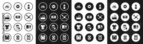 Set Bottle of water, Sports nutrition, Swimming pool with ladder, Healthy food, Attention to health heart, Sun, Bed and track suit icon. Vector