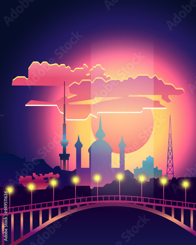 Evening - night city skyline.  Famous sightseens of Kiev in the form of recognizable symbols at sunset. photo