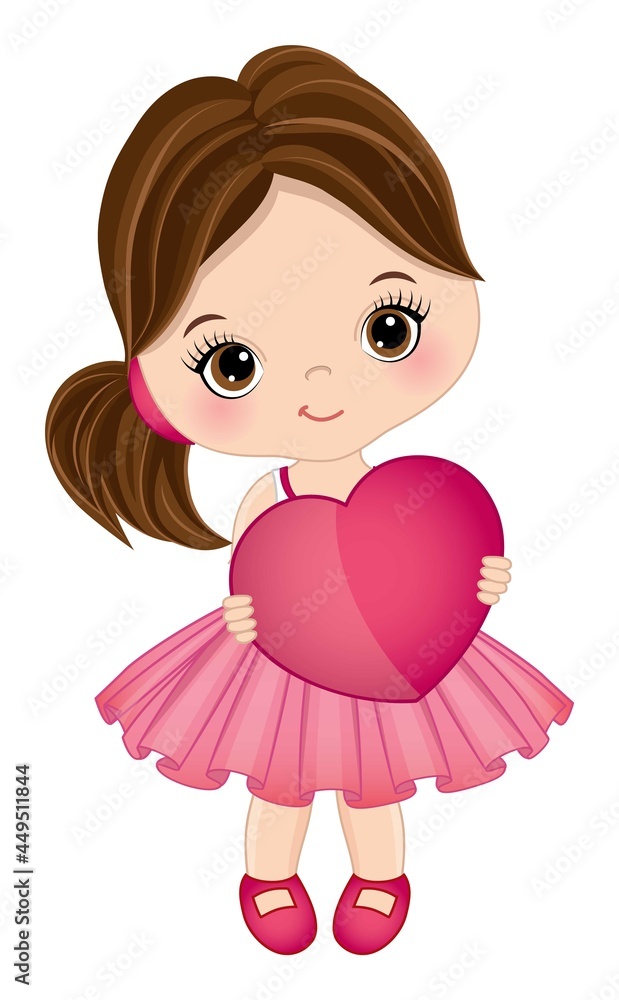 Cute Little Girl Wearing Pink Dress and Shoes Holding Heart. Vector Little Girl with Heart Cute Little Girl Wearing Pink Dress and Shoes Holding Heart. Vector Little Girl with Heart
