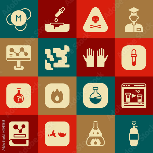 Set Propane gas tank, Chemical online, Pipette, Triangle warning toxic, Gaseous, formula, Molecule and Medical rubber gloves icon. Vector