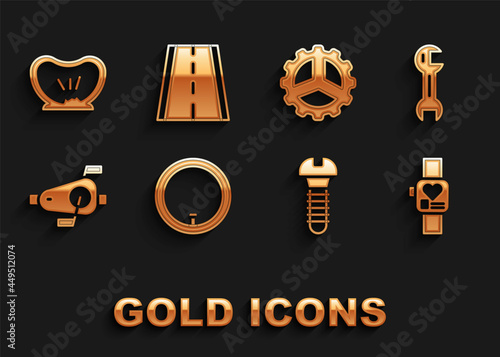Set Bicycle wheel, Wrench spanner, Smart watch, Metallic screw, pedals, sprocket crank, punctured tire and lane icon. Vector
