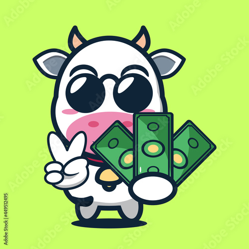 vector illustration of 
cute cow is holding a lot of money