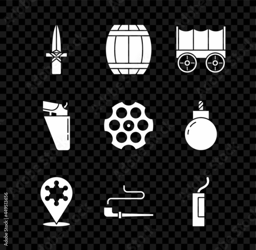 Set Dagger, Gun powder barrel, Wild west covered wagon, Hexagram sheriff, Smoking pipe, Dynamite bomb, Revolver gun holster and cylinder icon. Vector