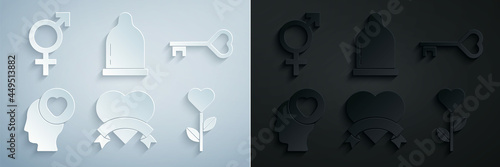 Set Heart, Key in heart shape, Head with, flower, Condom and Gender icon. Vector