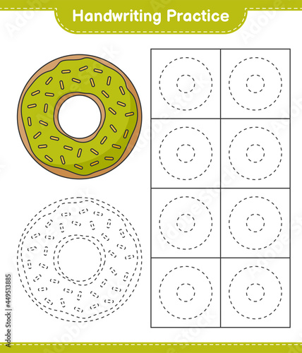 Handwriting practice. Tracing lines of Donut. Educational children game, printable worksheet, vector illustration