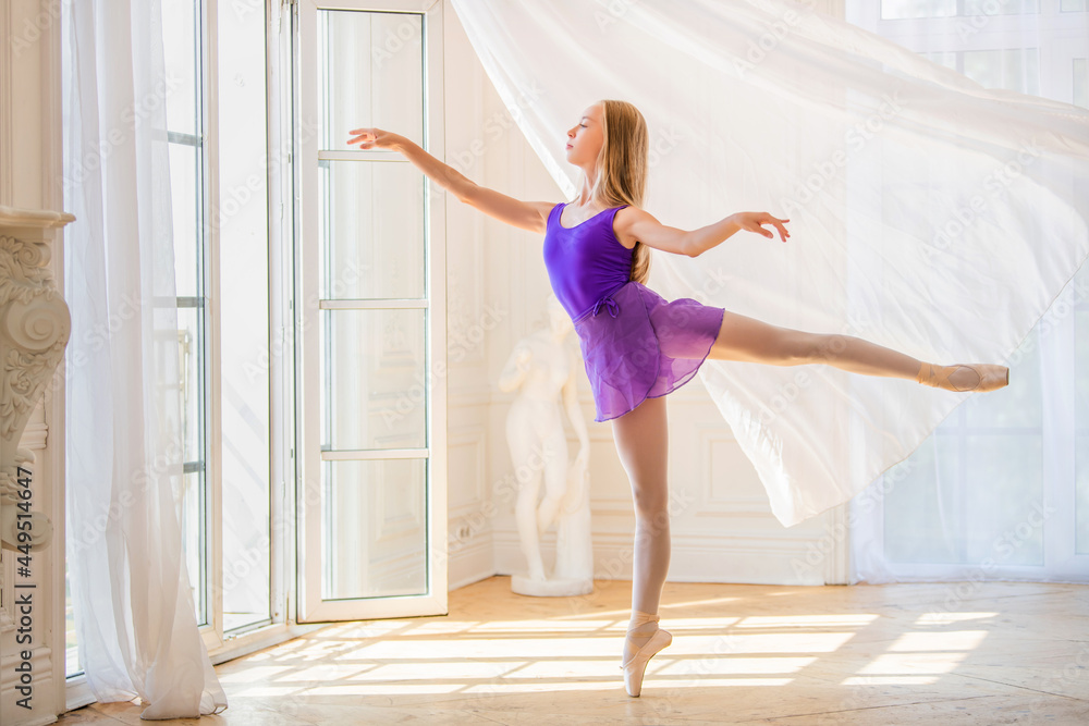 young slender ballerina in lilac leotard stands on pointe shoes in beautiful white room near a postcard window, the breeze waves the curtain. young slender ballerina in lilac leotard stands on pointe shoes in beautiful white room near a postcard window, the breeze waves the curtain.