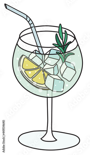 Stylish hand-drawn doodle cartoon style gin tonic in balloon cocktail glass garnished with lemon and rosemary branch vector illustration.