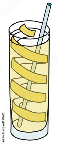 Stylish hand-drawn doodle cartoon hipster style Ice cold fresh yellow horse neck cocktail garnished with lemon zest twist in classic Collins glass. Cocktail party card, invitations or posters