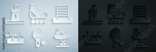 Set Racket and ball, Swedish wall, Seesaw, Swing boat, Roller skate and Sand tower icon. Vector