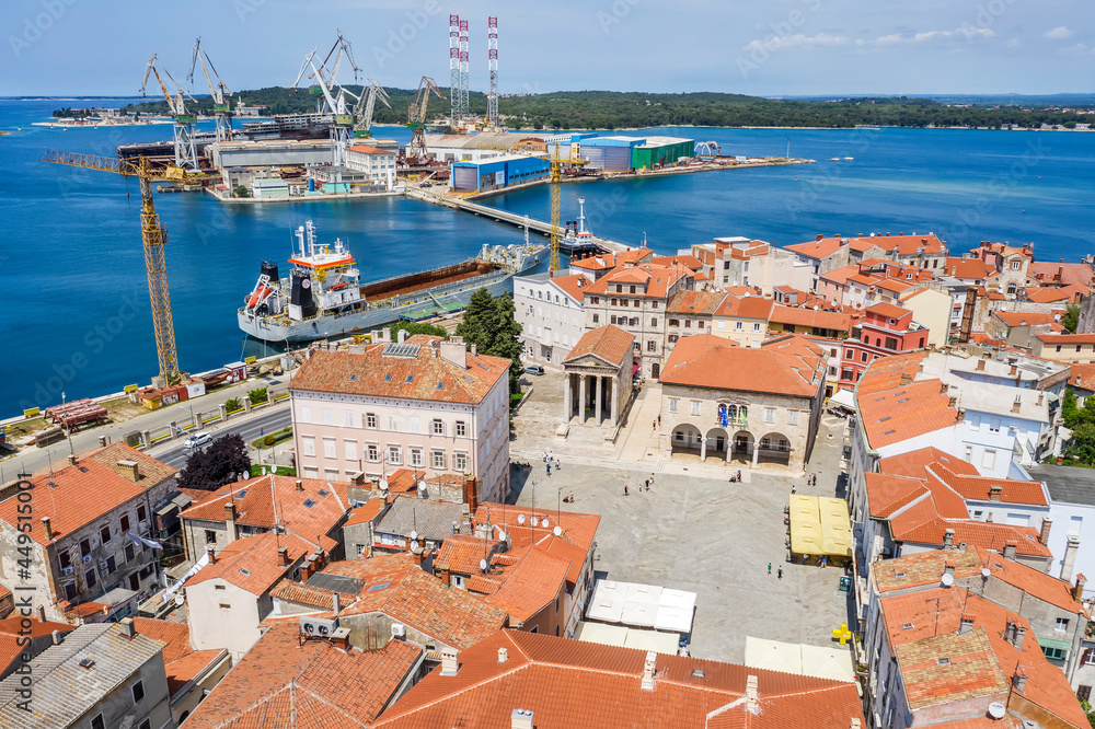 An aerial view of city square Forum in Pula, Istria, Croatia