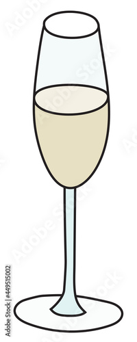 Doodle cartoon hipster style colored vector illustration. A white sparkling wine, cava, champagne or prosecco flute glass. Good for bar restaurant menu ads decoration, poster or card